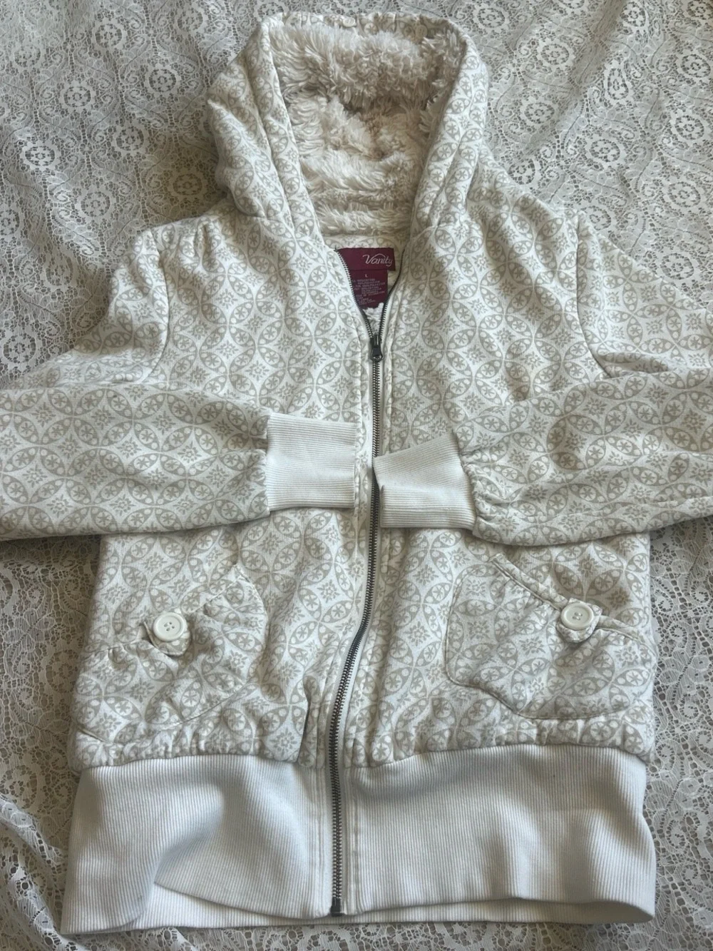 Vanity Cream and Beige Patterned Sherpa Zip Hoodie